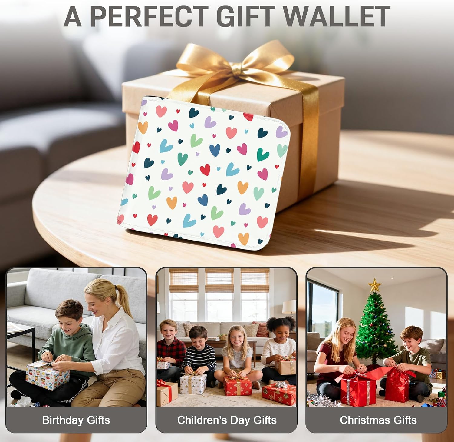 Colorful Heart Wallet for Women Men, Bifold Leather Hearts Wallets with Zipper Coin Pocket, Novelty Wallet for Kids Teens Birthday Christmas Gifts