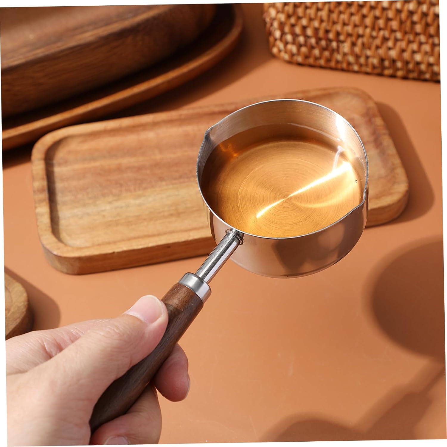 Sosoport 304 Stainless Steel Small Saucepan with Wood Handle Reusable Oil Boil Container for Kitchen Cooking and Sauces for Home Use and Heating