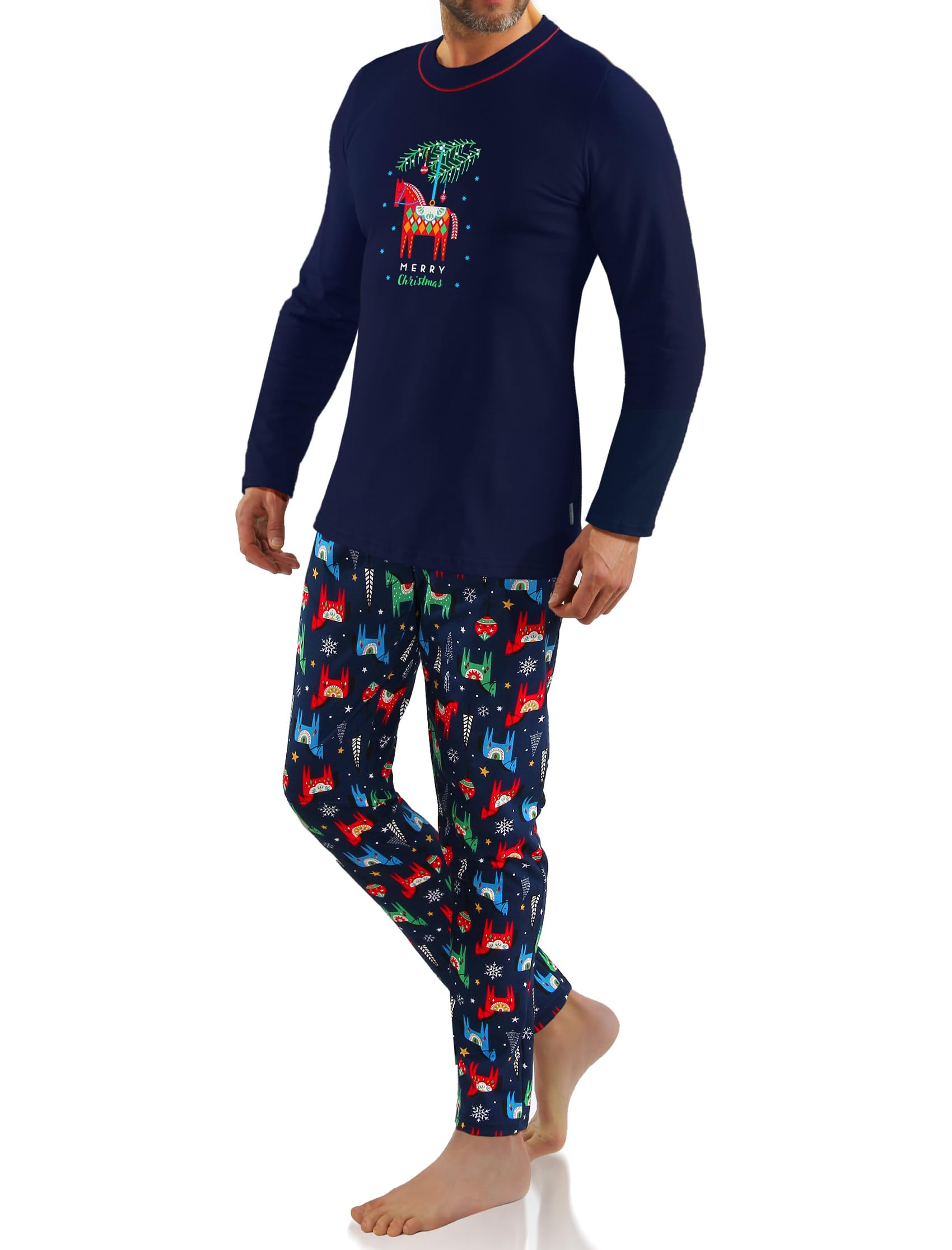 Sesto Senso Navidad Pijamas Hombre Largo Invierno Algodón Pijama Conjunto Camisa Manga Larga Pantalones Largos Azul Oscuro Caballo L 2643/01 Konik