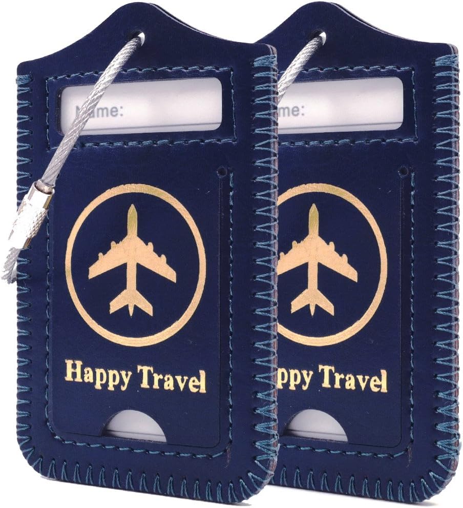 kandouren Little Leather Luggage Bag Tags 2 Pieces Set,Blue travel tags for small bag or backpack,for men and women