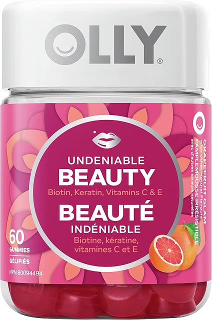 OLLY Supplément Gummy Beauté Indéniable pour femmes Grapefruit Glam avec biotine, kératine et vitamines C et E, 30 jours d'approvisionnement, 60 gummies