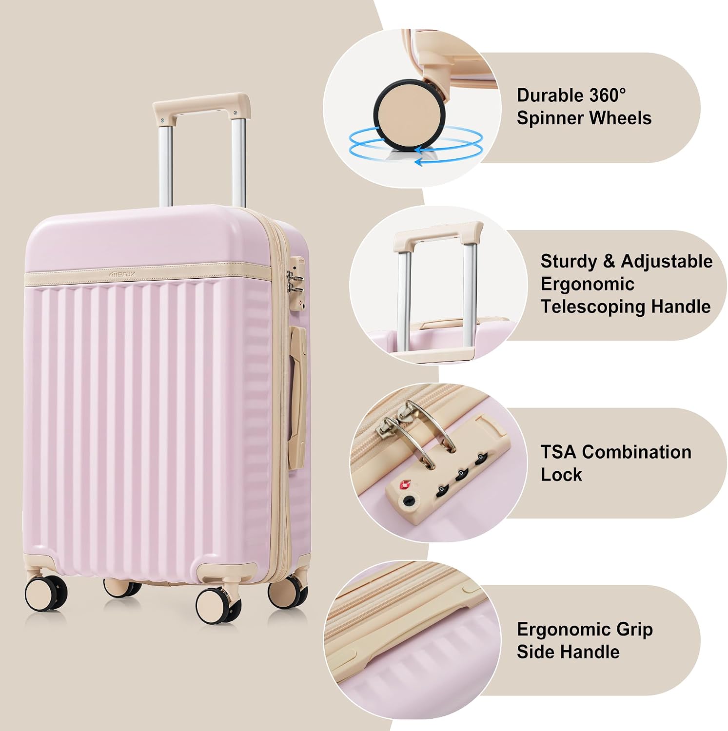 Hardshell Luggage, Lightweight Suitcase with Spinner Wheels, LIGHT PINK+USB