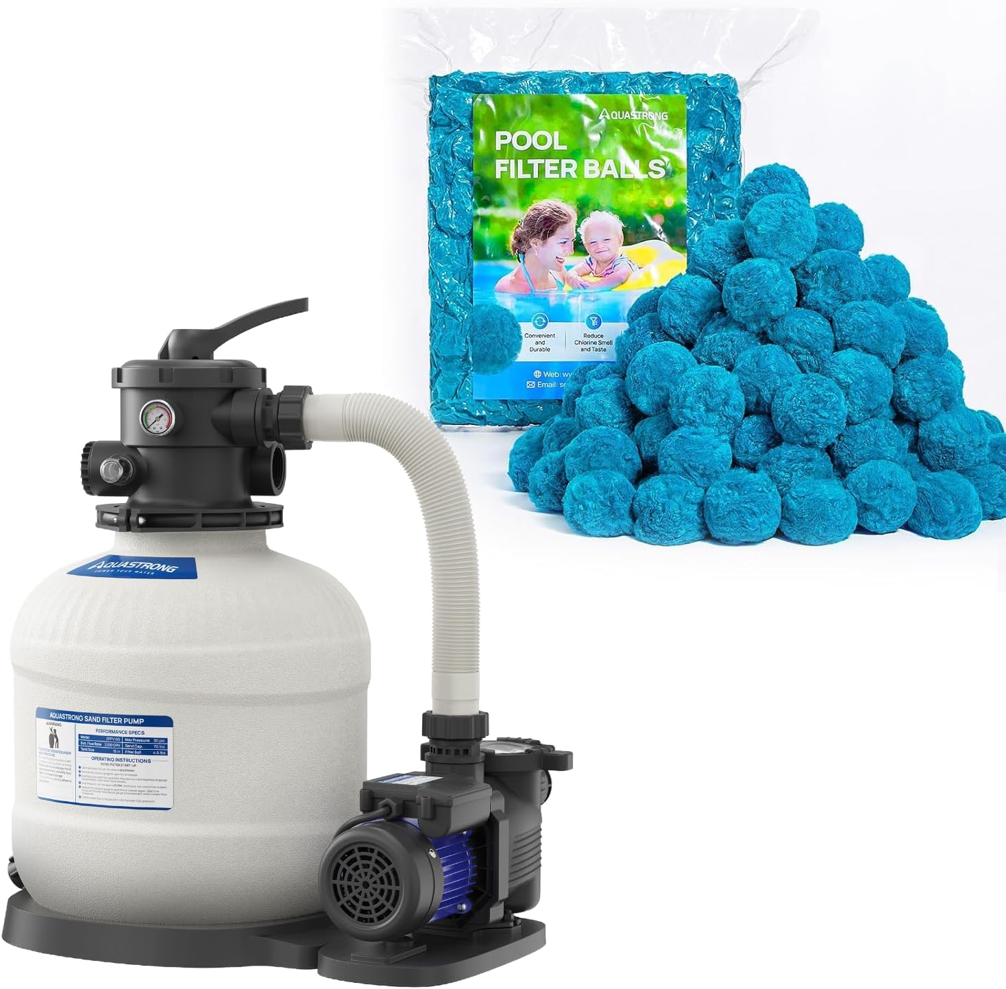 AQUASTRONG Pool Filter Balls for Sand Filters with Sand Filter Pump, 3.1 lbs Reusable Filter Balls Replace 100 lbs Sand, 16in 3/4 HP 3800 GPH Above Ground Pool Pump with 6-Way Valve