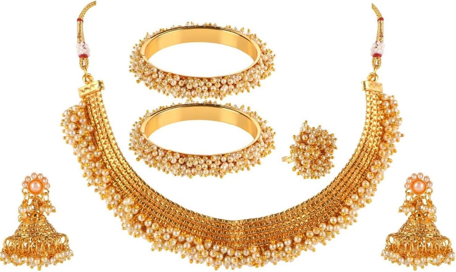 Efulgenz Indian Jewelry Sets for Women Gold Tone Pearl Choker Necklace Indian Bollywood Faux Pearl Beads Bridal Choker Necklace Earrings Bracelet Bangles Ring Jewelry Set