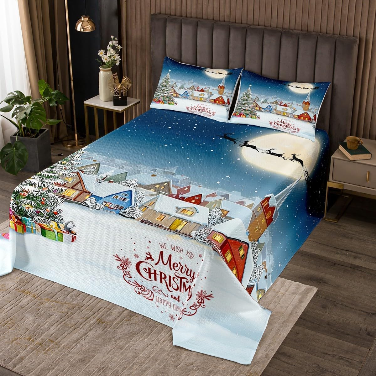 Merry Christmas Quilted Coverlet, Santa Claus Gifts Bedspread Adult Women Kids New Year Presents Coverlet Set, Boys Girls Christmas Trees Winter Xmas Warm Theme Bedding Collection, Twin Size