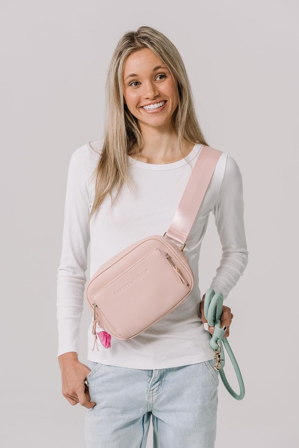 Darren & Phillip Crossbody Dog Walking Bag or Fanny Pack with Built-In Dog Poop Bag Holder, Removable Dog Treat Pouch & Adjustable Strap – Stylish Dog Mom Gift for Walks & Everyday Use - Rose