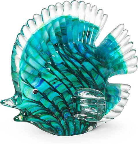 LONGWIN Escultura de pescado tropical hecha a mano con rayas de vidrio, soplado a mano, estatuilla de animales marinos, decoración de mesa para el