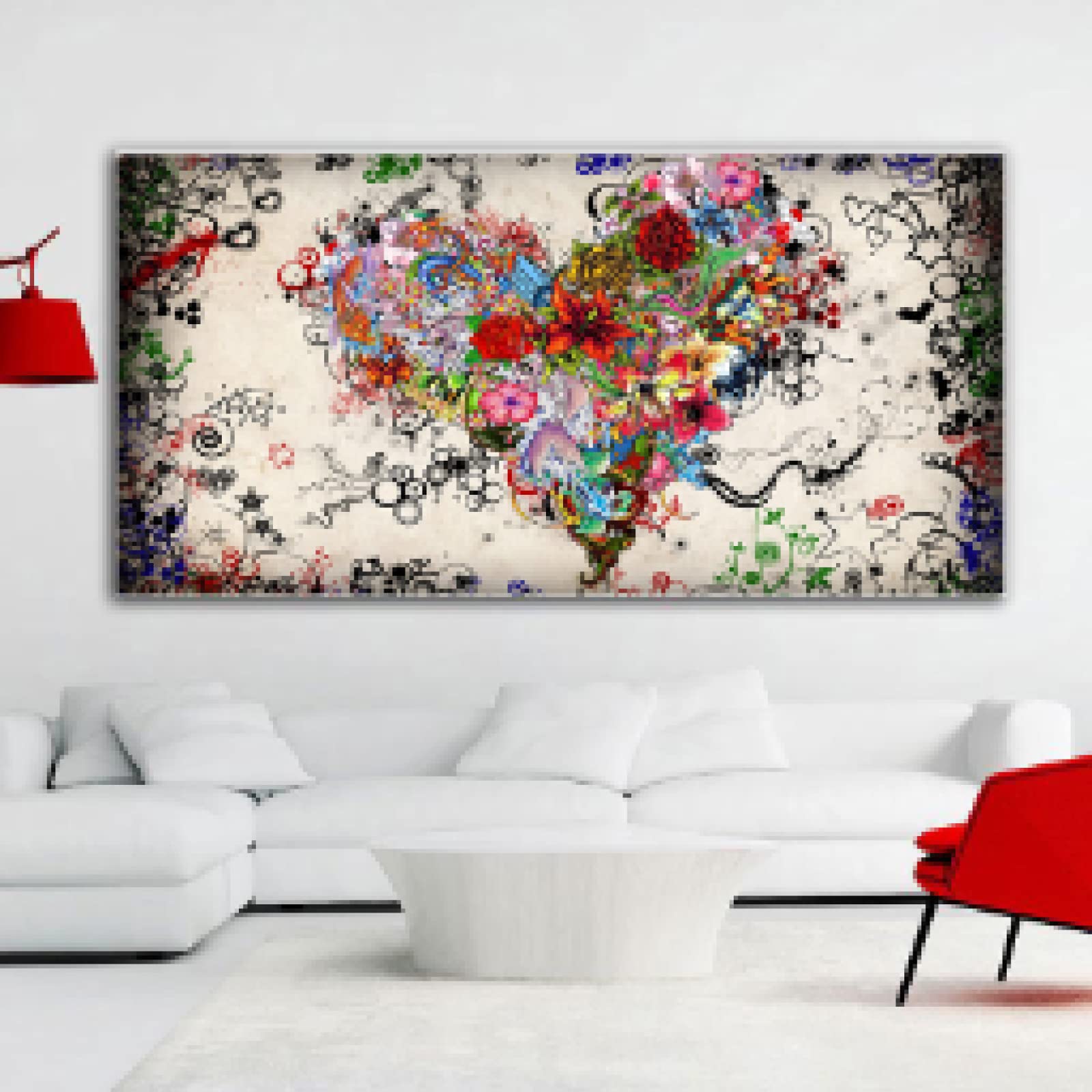 Red Love Heart Flower Pintura al óleo sobre lienzo Arte de pared Carteles escandinavos e impresiones Cuadro de arte de pared moderno 60x120cm Marco