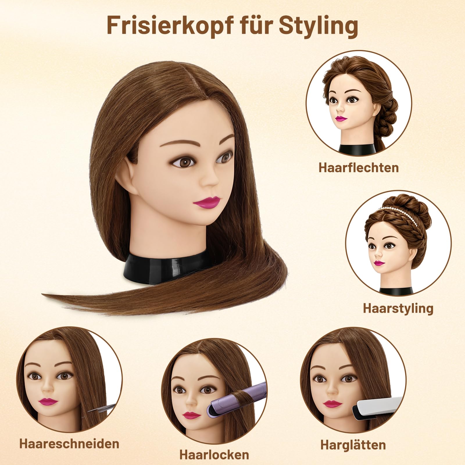 TwoWin Frisierkopf 80% Echthaar, Übungskopf 24 Zoll /60cm Friseurkopf, Trainingskopf für Friseure für Styling & Friseurpraxis mit Tischhalter + DIY Haare Frisuren Set (Braun)