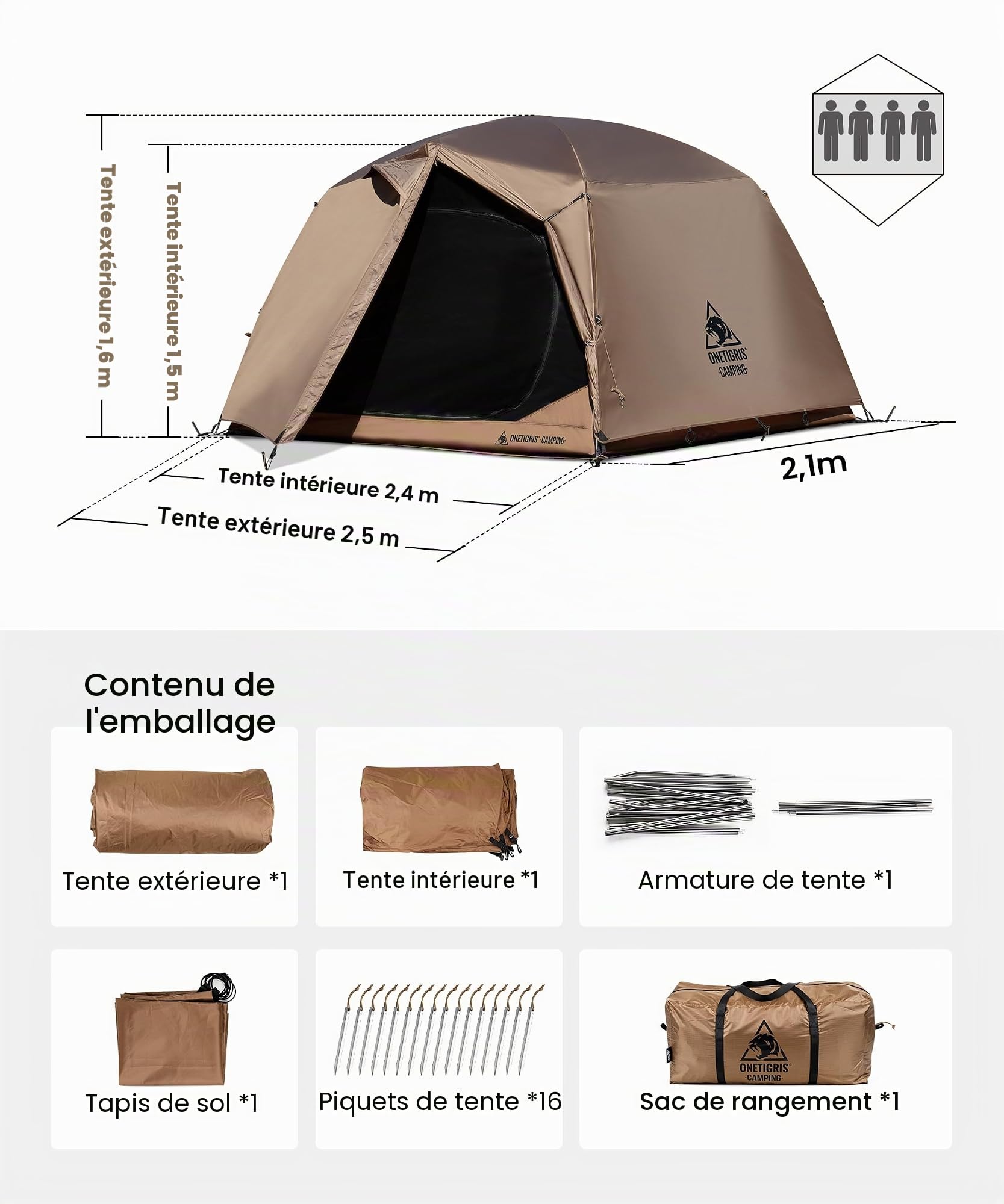 OneTigris JOVIAN - Tente de Camping 4 Personnes, Étanche, 2000 mm de Water Resistance - Tente Extérieure Dôme 3 Saisons