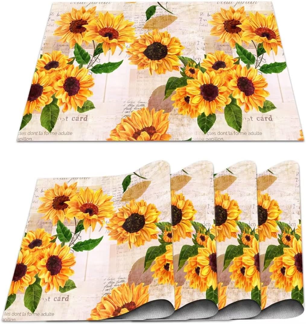 Vintage Grunge Yellow Sunflower Floral Placemats Set of 6 PVC Yellow Sunflowers Flowers Old Letters Table Mats Non-Slip Heat Resistant Place Mats Washable for Home Kitchen Dining Table