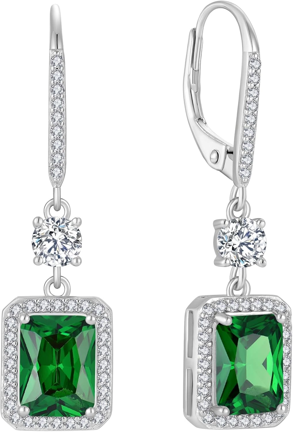 FJ Princess Cut Dangle Drop Earrings 925 Sterling Silver Square Halo Leverback Earrings Birthstone Jewelry for Women