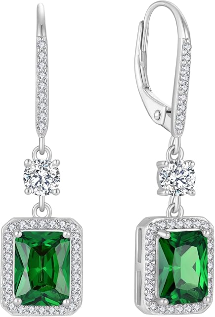 FJ Princess Cut Dangle Drop Earrings 925 Sterling Silver Halo Square Leverback Earrings Birthstone Jewellery Gifts for Women Girls