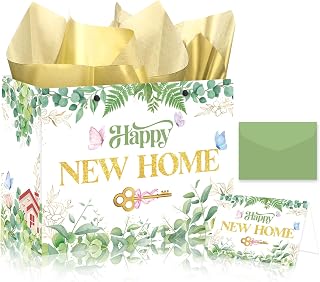 Large Elegant Housewarming Gift Bag - 13" Happy New Home Bag with Gold Tissue Papers, Greeting Card and Envelope, Eucalyptus Greenery First Home Party Supplies Favor Bags for New Homeowners Moving Gifts