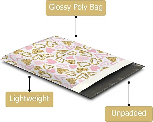 Miniatura 3 de Sobres de polietileno de diseño de corazón rosa y dorado de 10 x 13 pulgadas (100) para el día de San Valentín, impermeables, autosellantes