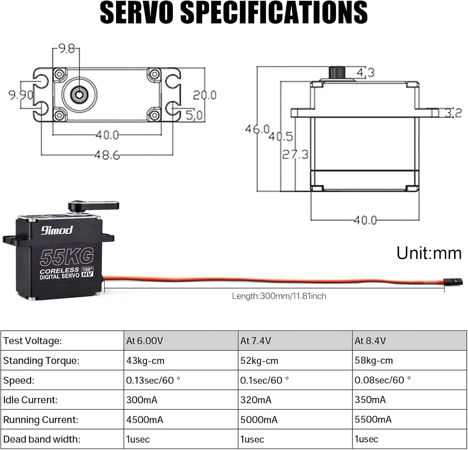 55KG High Torque Servo High Speed HV 8.4V Coreless RC Steering Servo Motors Stainless Steel Gear Low Profile Waterproof RC Crawler Servo for 1/8 1/10 1/12 Scale Cars DIY Robotic - 180 Degree
