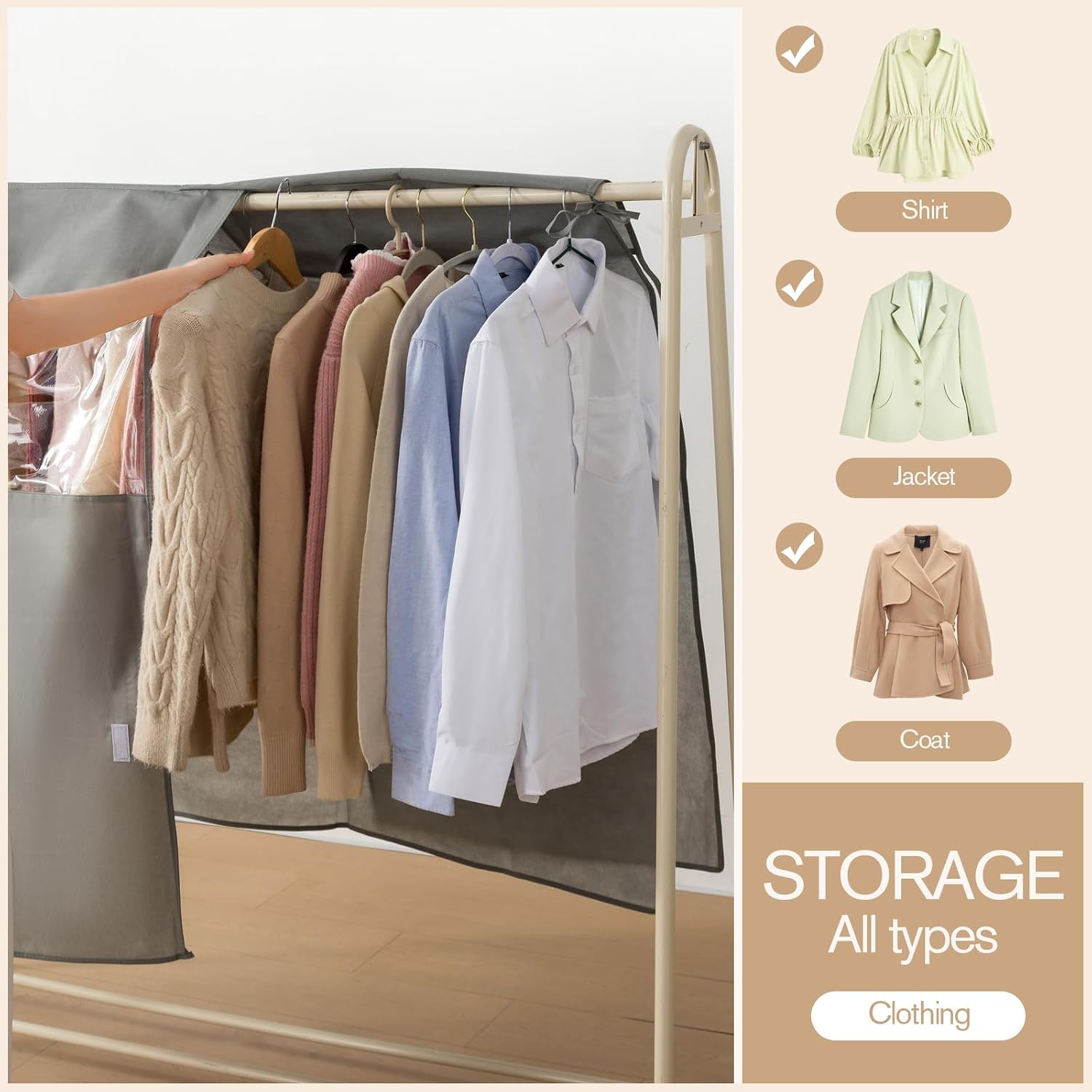 Non woven clothing cover with transparent window, suitable for hanging clothing storage protectors for dresses, tops, and outerwear (Grey, 34inch*2Pack)