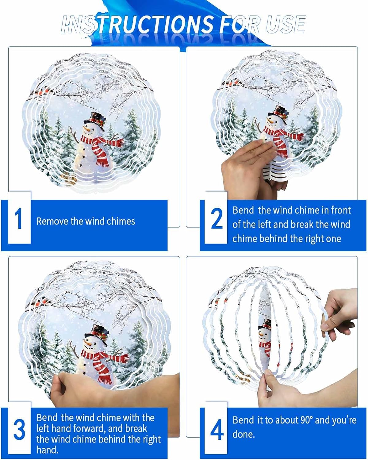 Christmas Snowman Wind Spinner 3D Stainless Steel, 12 Inch Double Sided Circle Hanging Wind Spinners, Snowy Pine Tree Branch Birds Snowflake Garden Art Wind Sculpture for Yard Porch Front Door