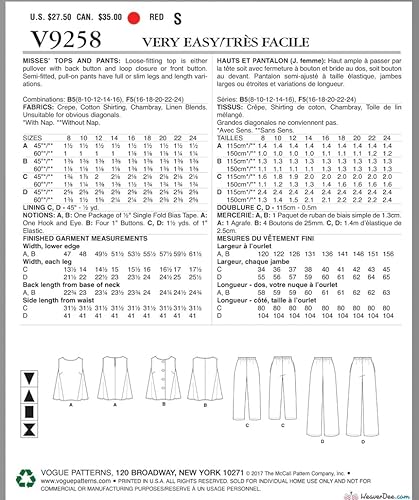 Vogue VP638 - Patrón de costura para tops y pantalones de señorita F5 (16-18-20-22-24)