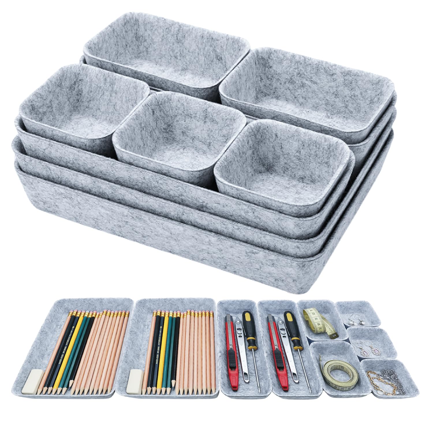 RunXinDa 9 PCS Grey Felt Drawer Organizers Set, Desk & Office Storage Trays with 4 Sizes, Ideal for Makeup, Jewellery, Stationery & Wardrobe – Clutter-Free Drawer Inserts