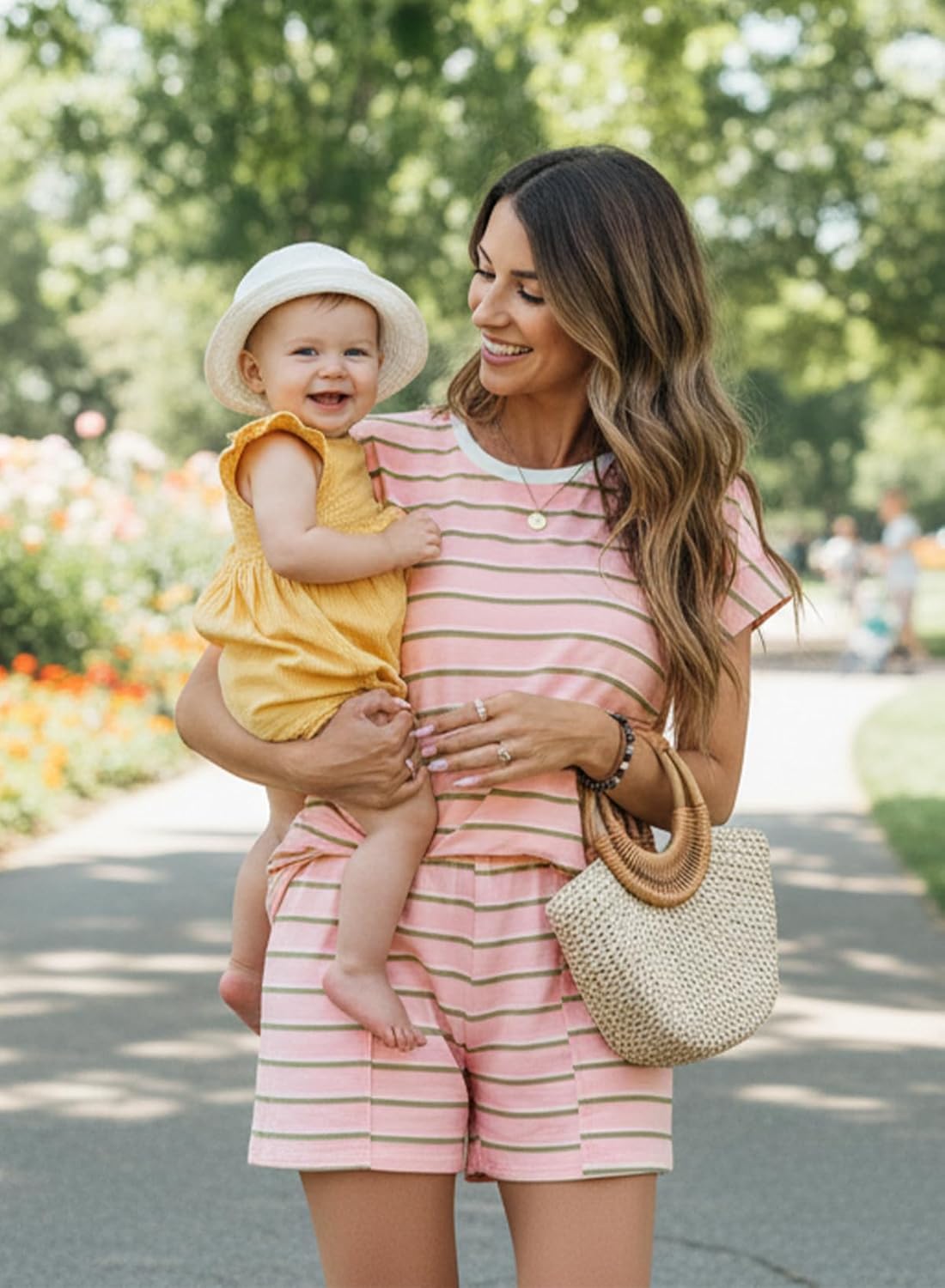 BLENCOT Women's Maternity Two Piece Lounge Set Textured Striped Tee Top and Shorts Pregnancy Summer Outfits