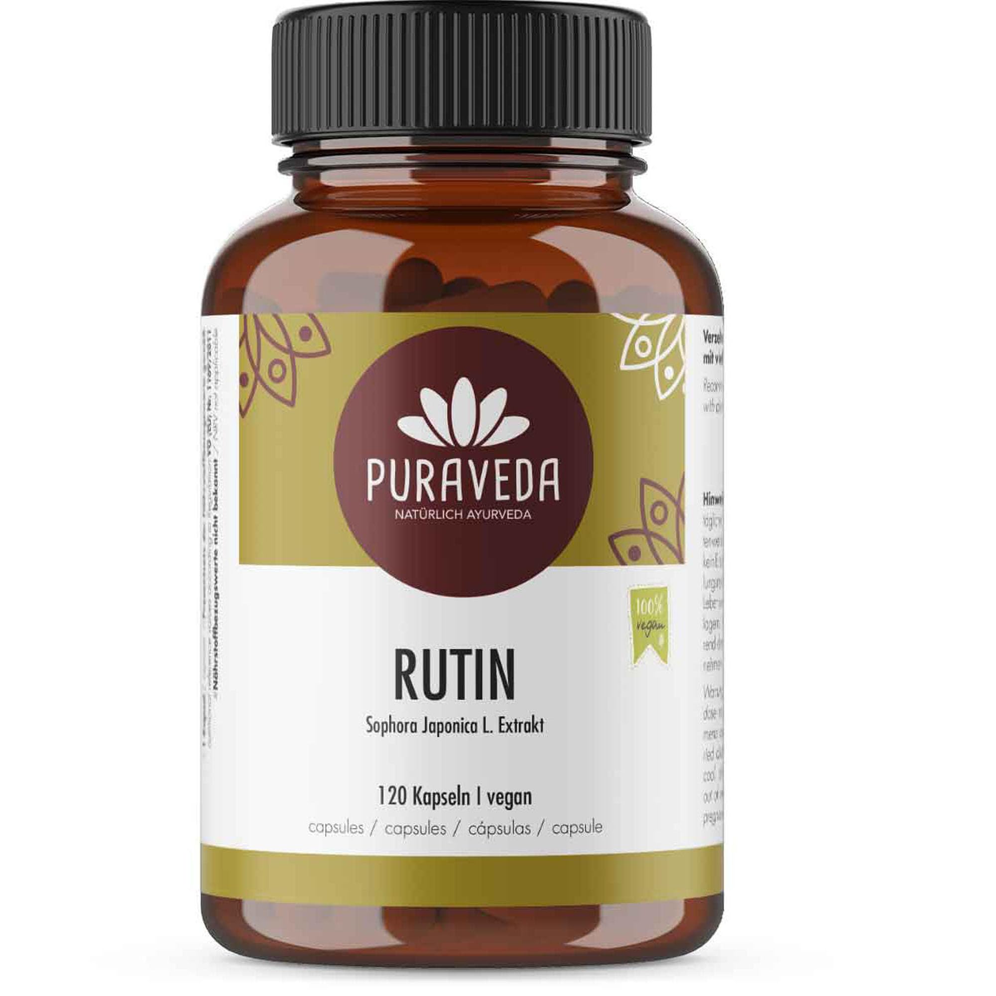 Rutine fortement dosée 120 Gélules - 95% de rutine - 550mg de Sophora japonica L.- Arbre à miel - Forte dose - Végan - Fabriqué et contrôlé en Allemagne - Puraveda
