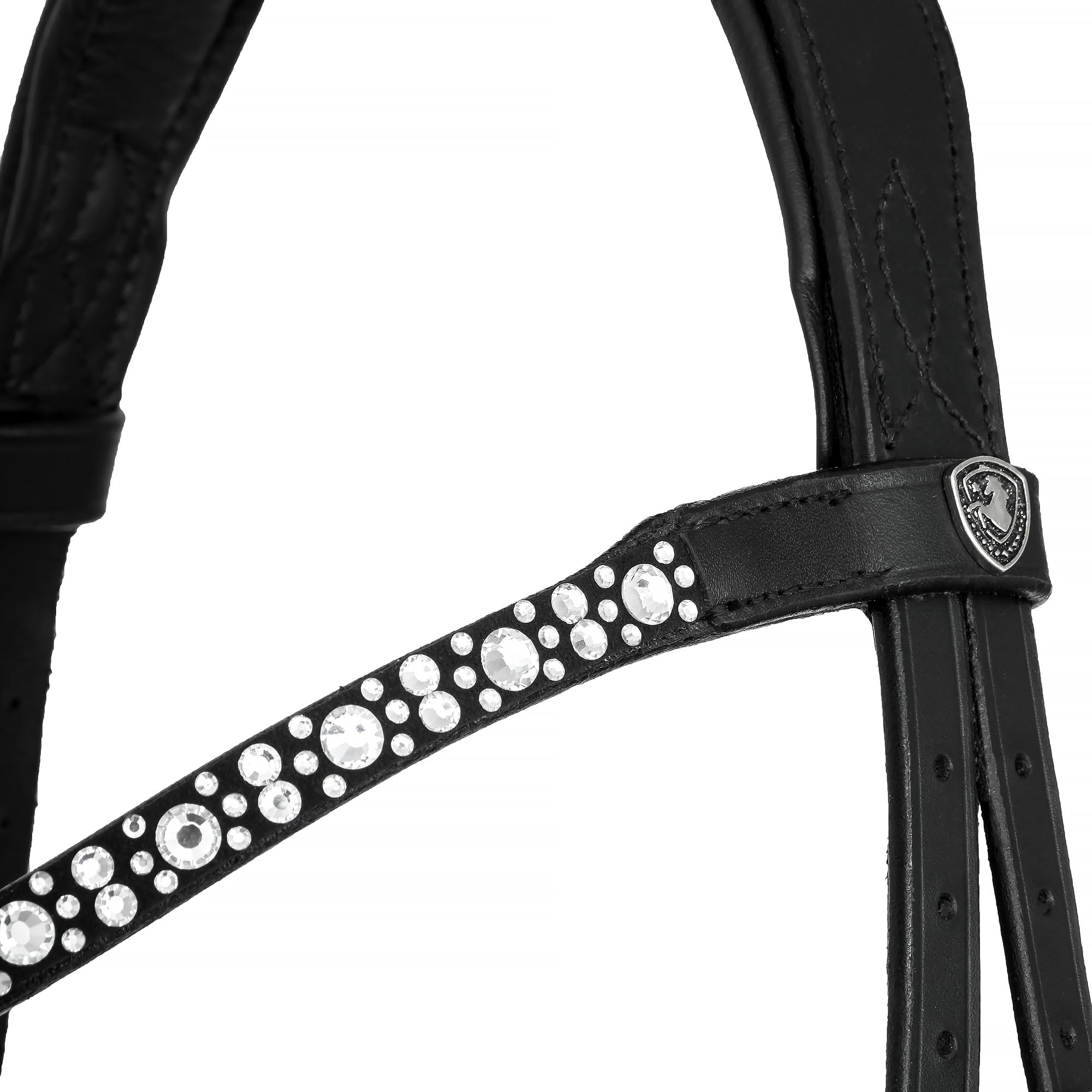 Ledertrense mit Kristallen Anatomisch gepolstert Komplettes Set inkl. Zügeln Elegantes Stirnband Komfort Pferd Schwarz Silber Full Warmblut