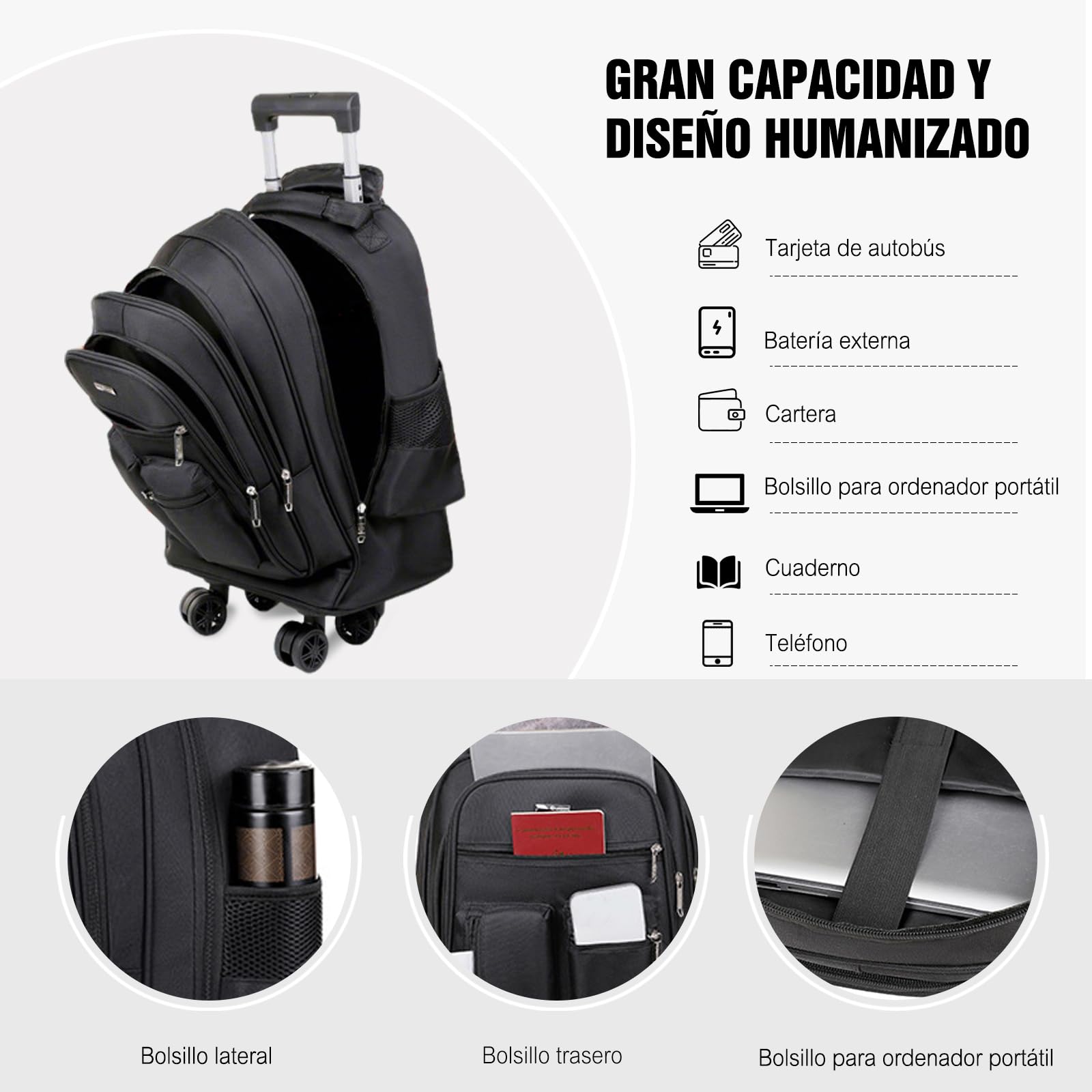 FANDARE 35L Trolleys para portátiles Maletín para 15.6 Pulgadas laptop 2 en 1 Mochila con ruedas Trolley de viaje Bolsa con Ruedas Hombre Maletines Bolso para Negocio Trabajo Universidad Maestra