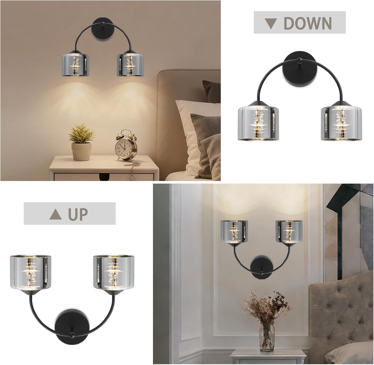 2-Light Bathroom Light Fixtures,15.7" Led Bathroom Vanity Light with Smoky Grey Glass,Modern Black Wall Sconce 3 Color Temperature Wall Lights for Mirror, Hallway,Living Room,Bedroom,Kitchen