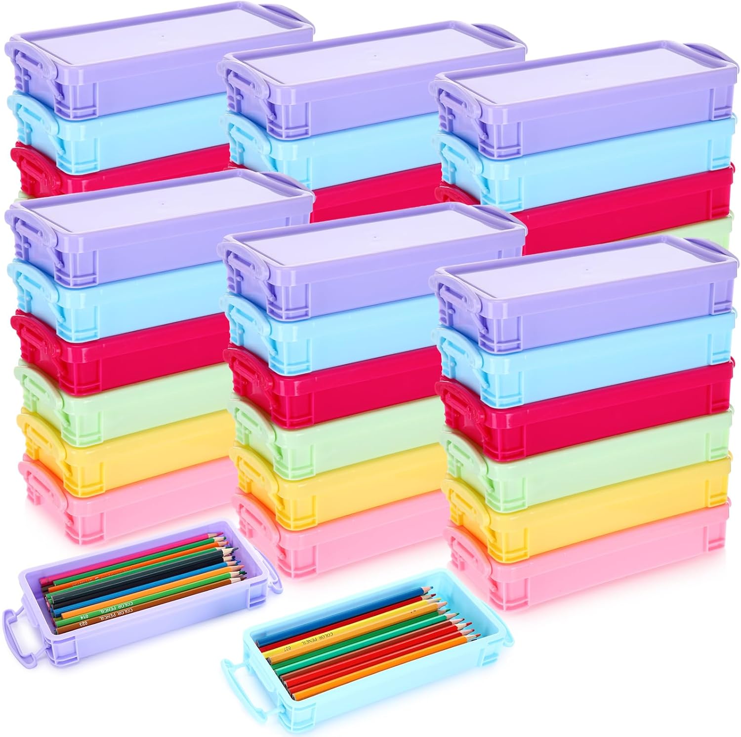 Cholemy 30 Pcs Plastic Pencil Box Bulk Large Capacity Pencil Case Crayon Box with Snap Tight Lid Stackable Organizer Container, Operation Christmas Item Bulk for Pen Stationery School Supply(Pastel)
