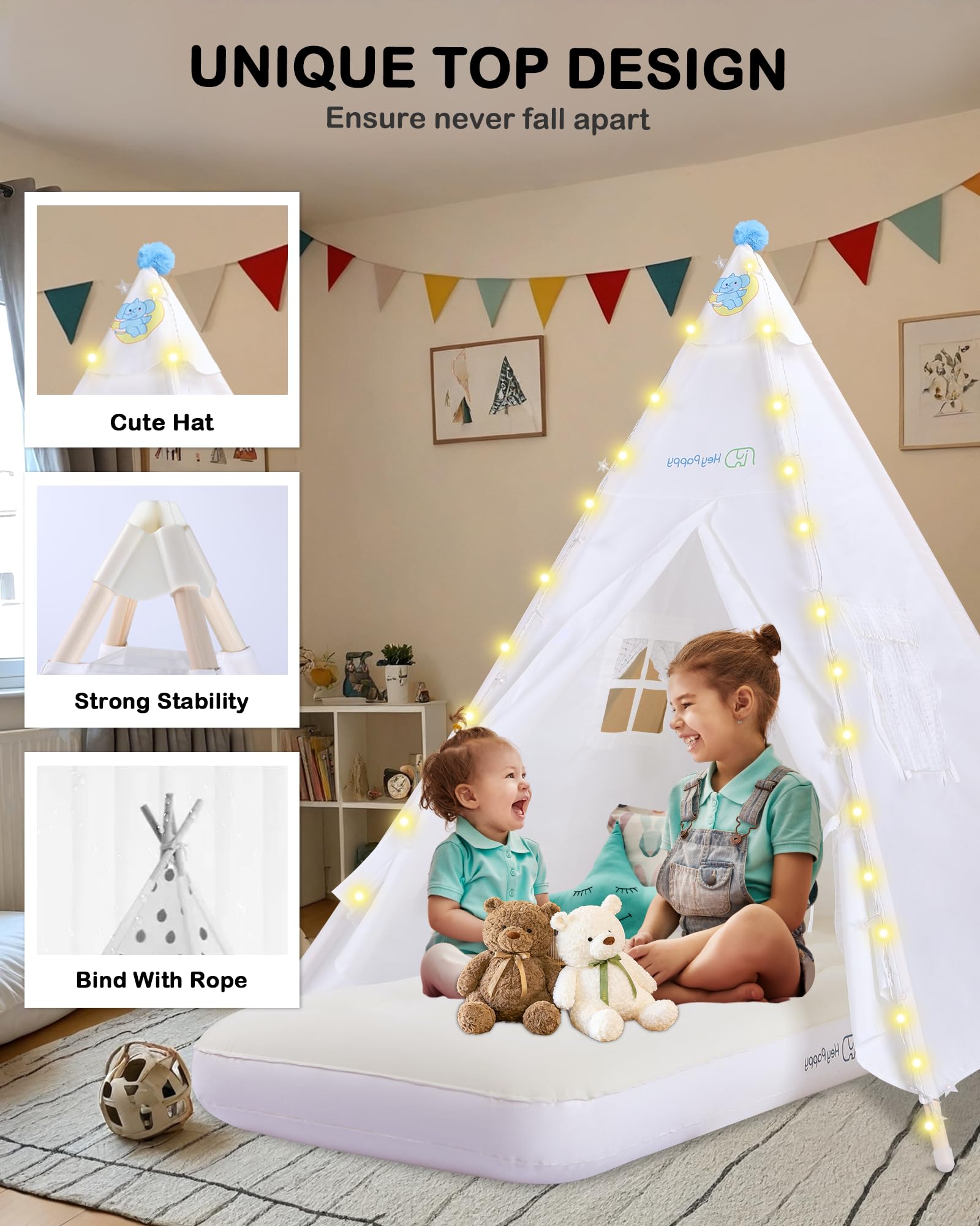 Heypappy Teepee Tent for Kids with Inflatable Airbed, String Lights, Balloons, Pump, Washable Slumber Party Tent Indoor Outdoor for Girls Boys, Children Tipi Playhouse for Playtime and Sleepover