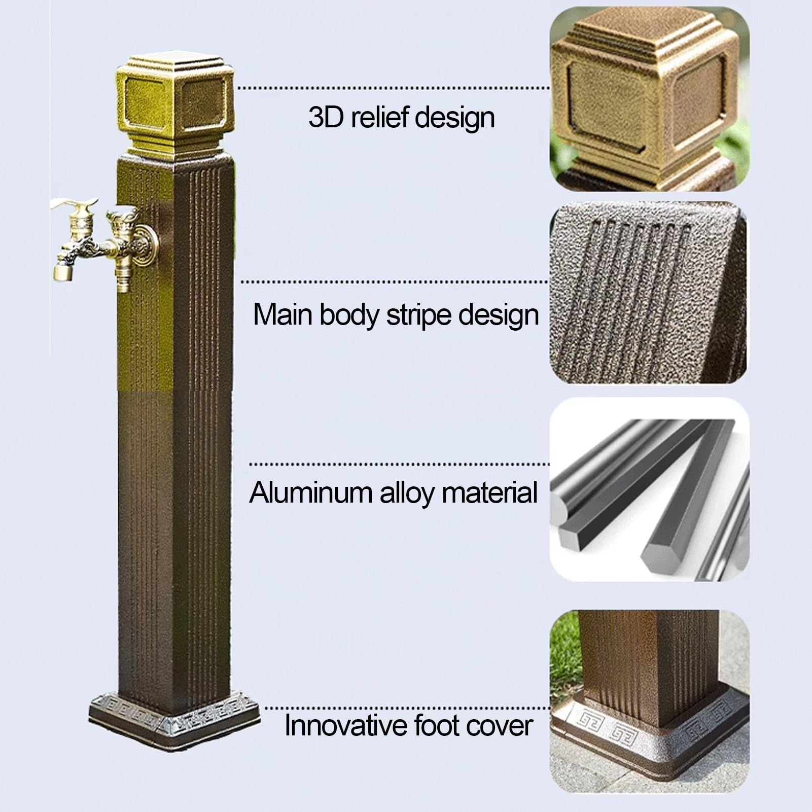 Colonne d'eau de Jardin, Colonne d'eau Verticale carrée avec Robinet en cuivre, Double Robinet extérieur résistant au Gel, pour terrasse et Jardin(Brass C,110CM/43.3IN)