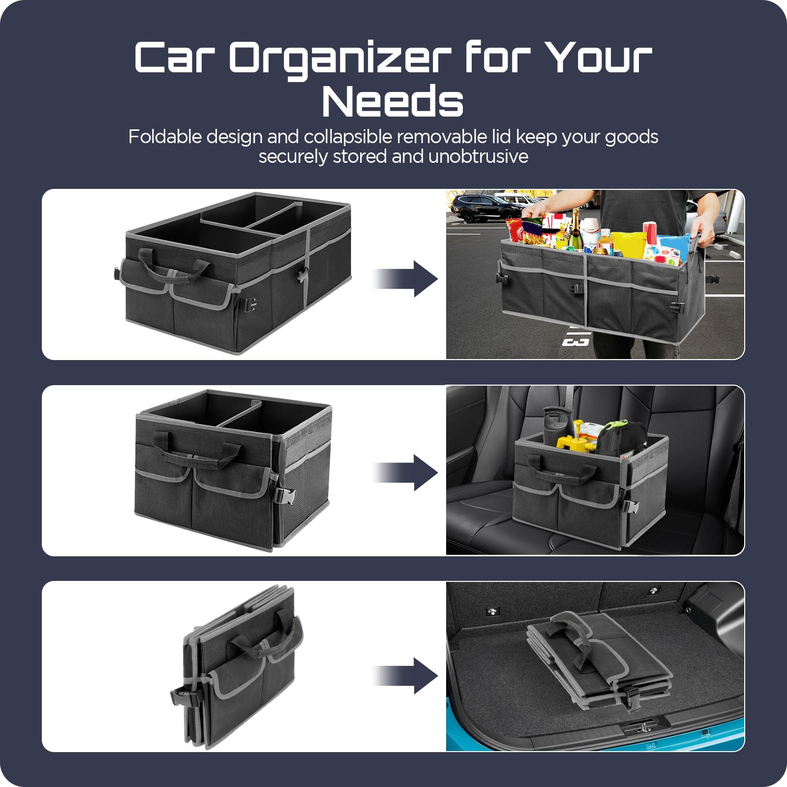 Coffre De Rangement Voiture 46L Avec Couvercle – Organisateur Pliable Imperméable – Base Antidérapante Pour Voyages Et Famille