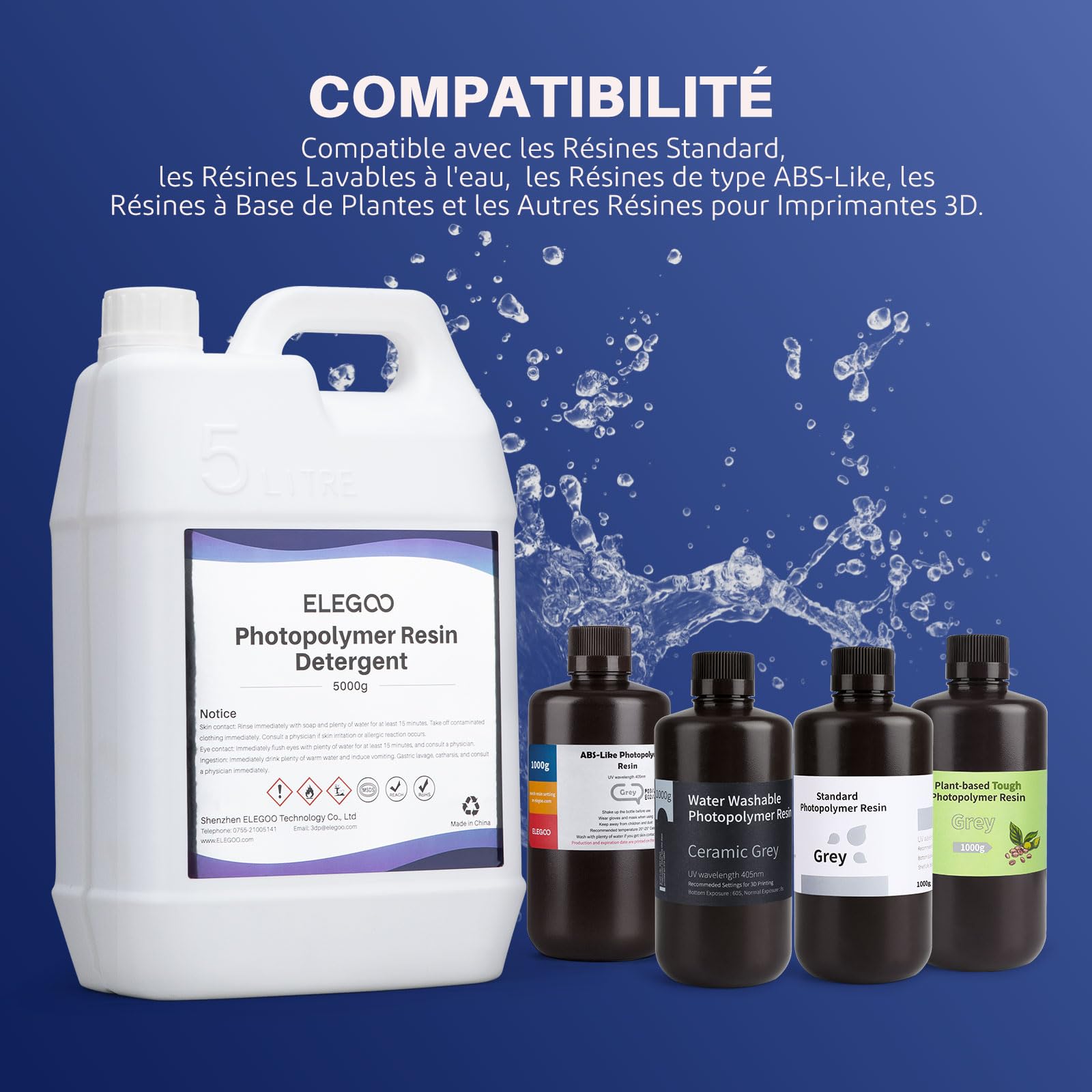 ELEGOO 5kg Nettoyant pour Résine d'imprimante 3D, Détergent pour Résine 3D Photopolymère, Faible Odeur et Non Toxique, Ininflammable, Compatible avec la Plupart des Résines d'impression 3D