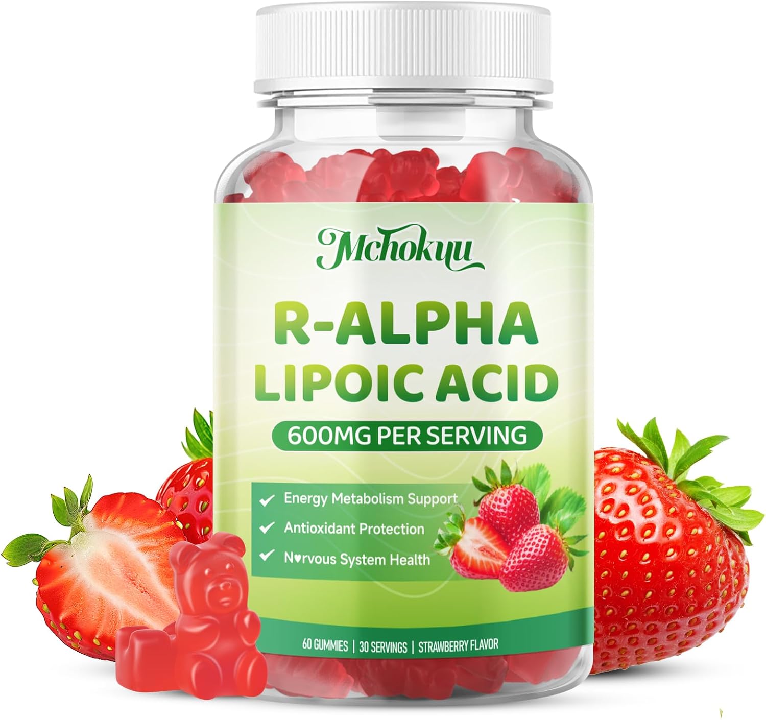 R Alpha Lipoic Acid 600mg Gummies, Stabilized R-Alpha Lipoic Acid, ALA Supplement for Nerve Health, Antioxidant & Metabolism Support- Vegan, Non-GMO, Gluten Free, Strawberry Flavor - 60 Count