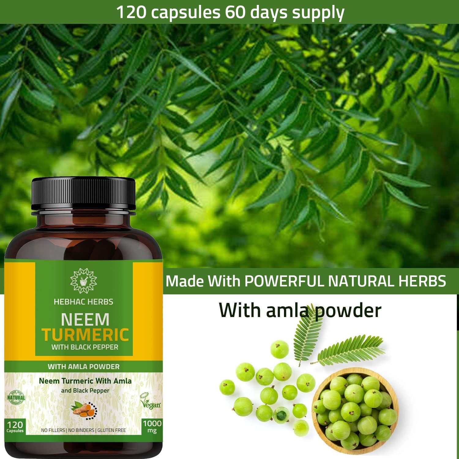 Neem Turmeric Capsules with Amla and Black Pepper 120 Veg Capsule | Made with Organic Neem, Turmeric and Amla | 60 Days Supply
