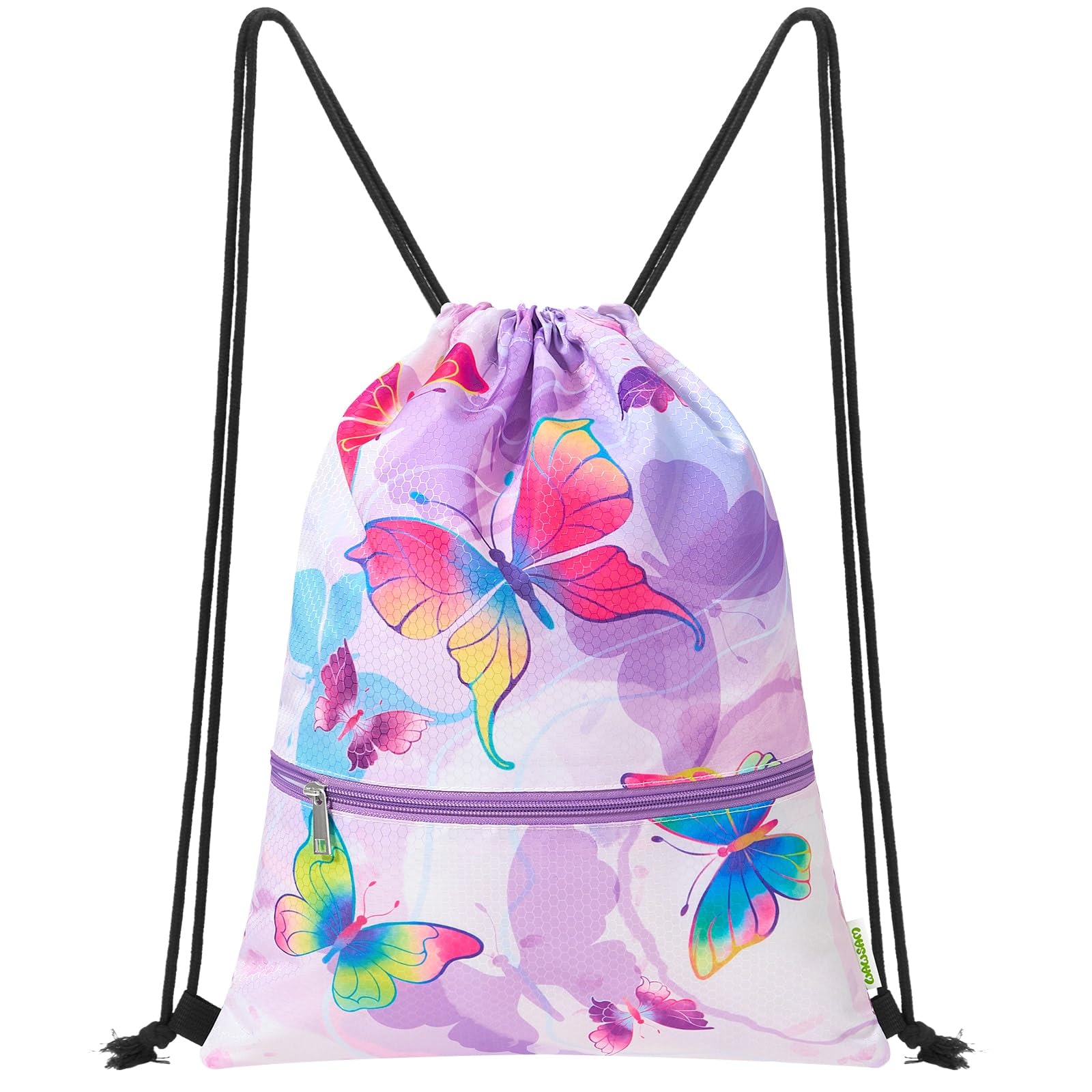 WAWSAM Drawstring Bags for Kids, Butterfly Gym Bag for Girls, Waterproof Gym Swim Bag for Swimming Beach String Cinch Backpack, Back to School Birthday Gift with Zippered Pocket