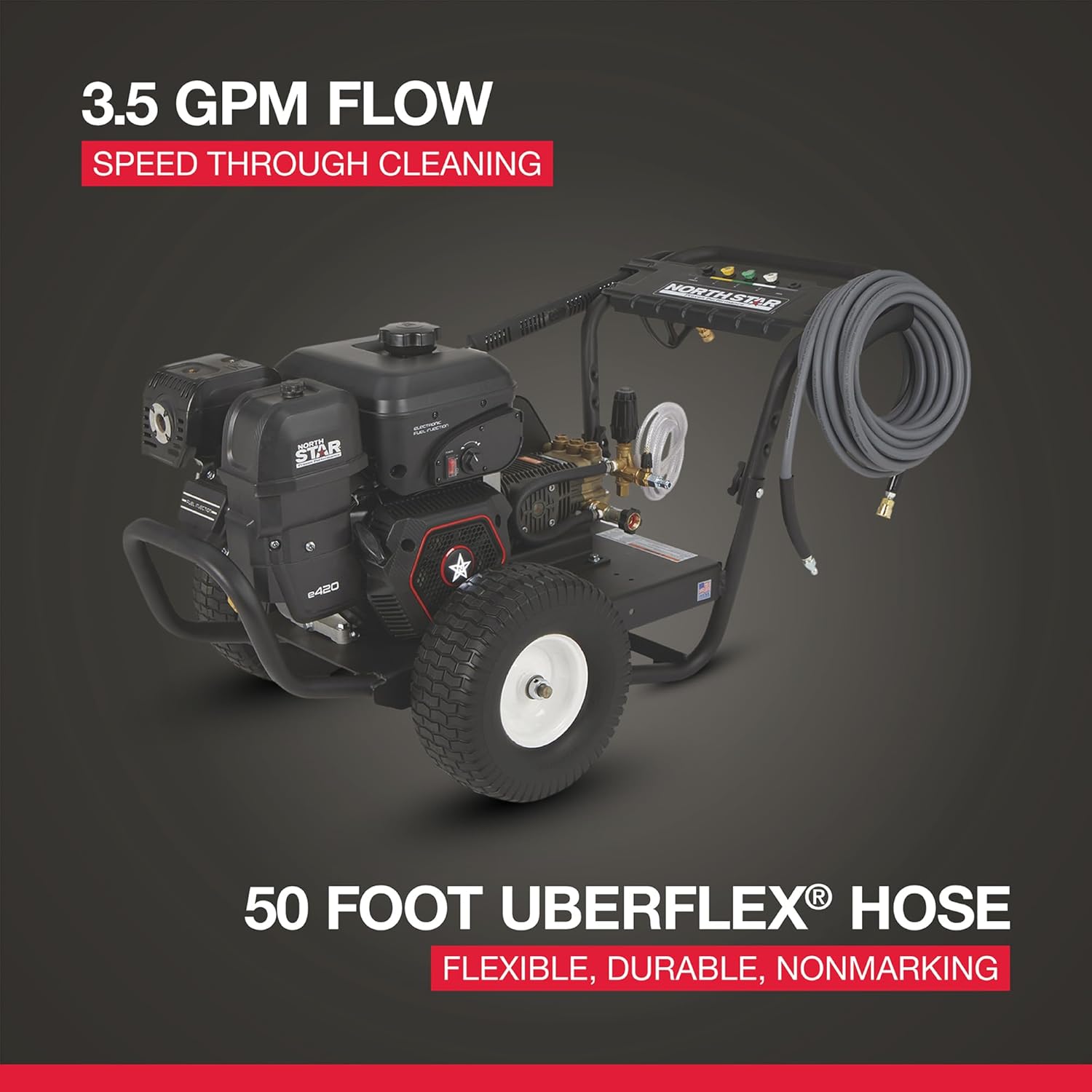NorthStar Pressure Washer highlighting 3.5 GPM flow and 50-foot Uberflex hose
