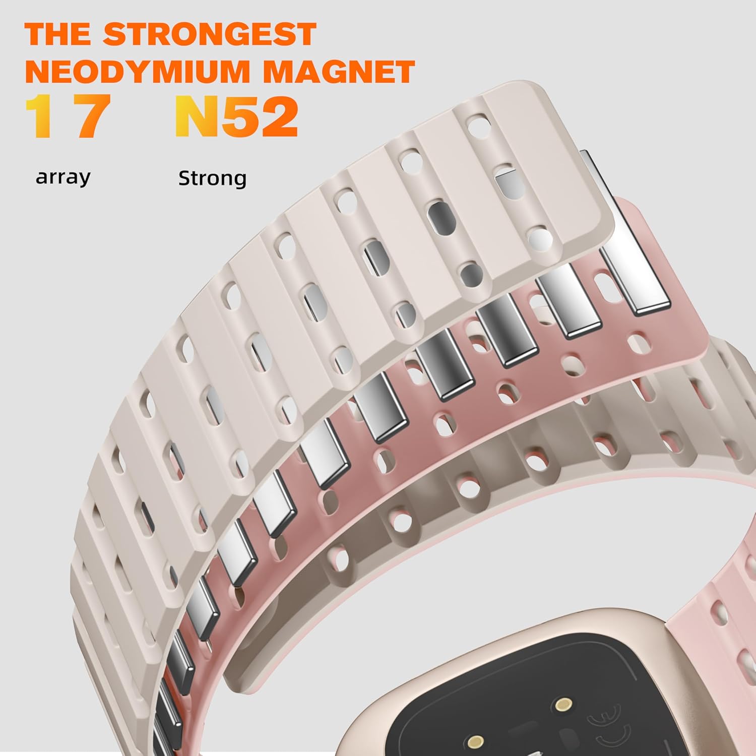 Bandletic Waterproof Band Compatible with Fitbit Versa 3/Versa 4/Sense/Sense 2 Bands, Magnetic Watchband Soft Sports Strap Replacement Wristbands for Women Men, Starlight Pink