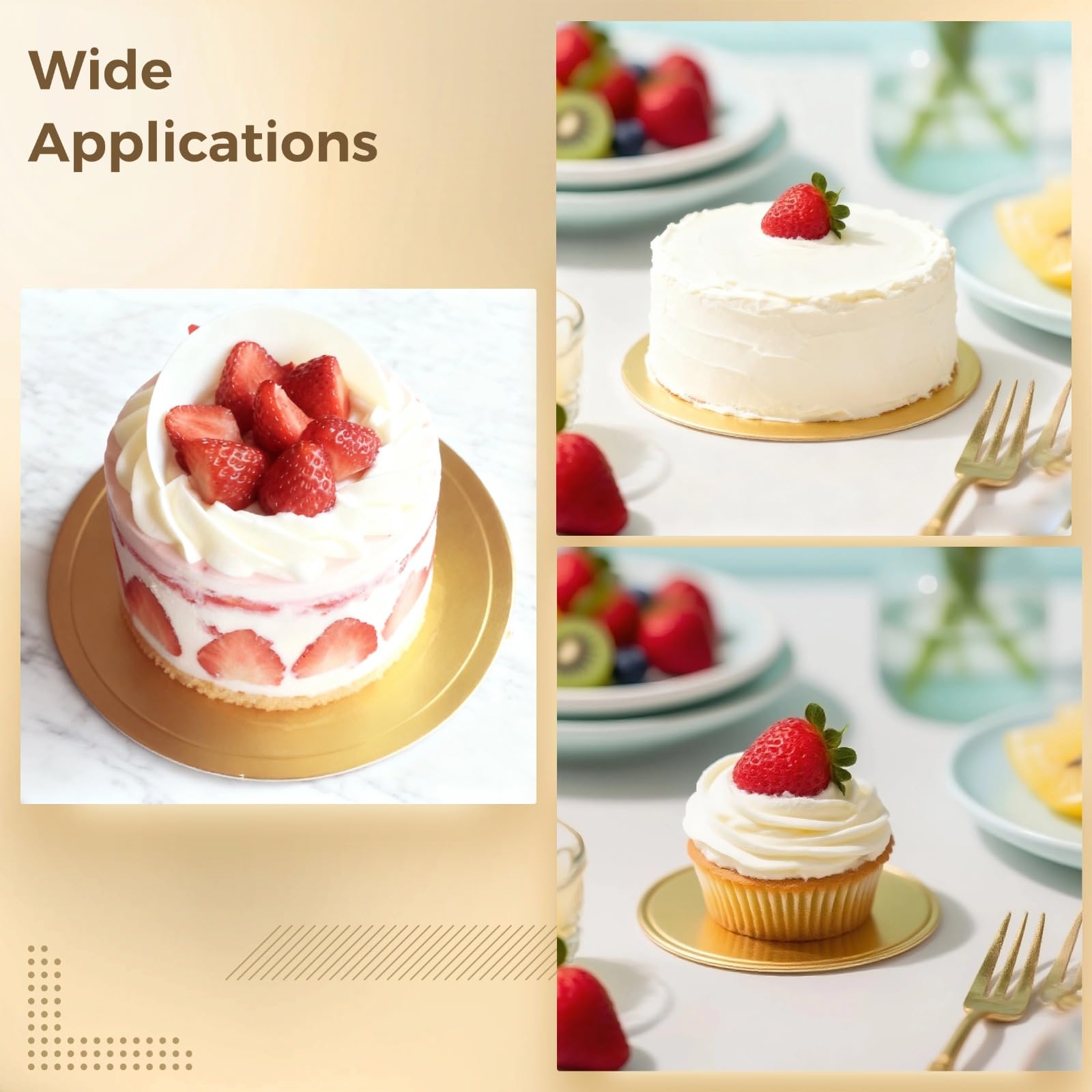 300 mini supports à gâteau ronds dorés de 9 cm, cartons à gâteau avec poignée, base jetable pour desserts, fêtes, mariages, présentation