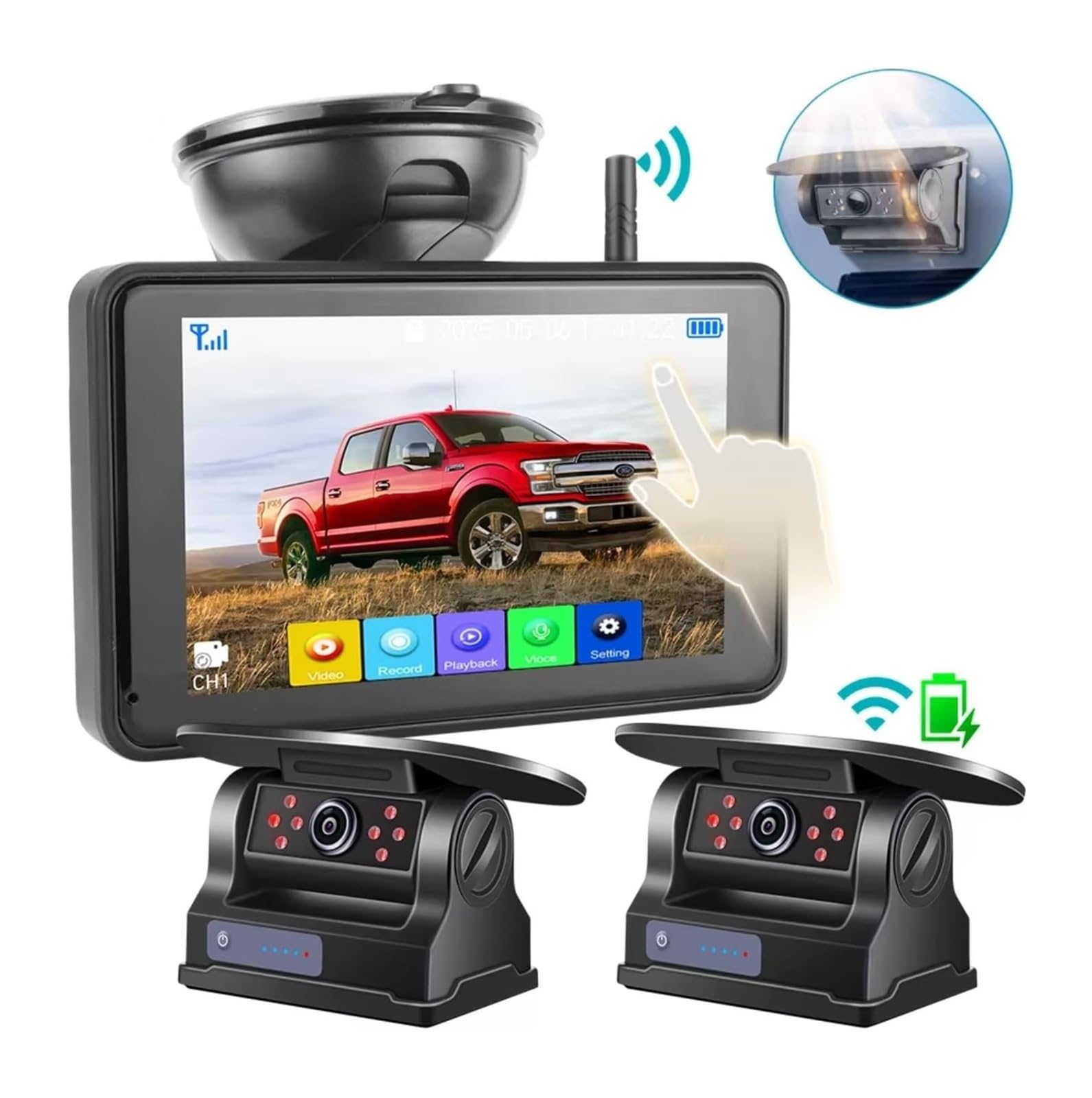 カメラ2台 ワイヤレス ソーラー充電式 7インチ バックカメラ モニター