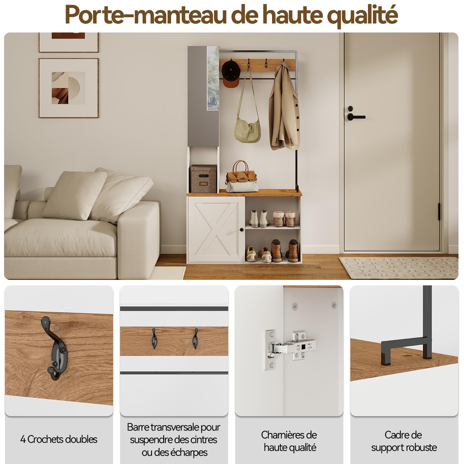 YU YUSING Vestiaire d'Entrée Multifonctionnel avec Miroir Banc et Placard, Meuble Porte-Manteau et Chaussures, 4 Crochets, Rangement Chaussures Réglable, Gain de Place, Couloir, Chambre, 90x30x170 cm