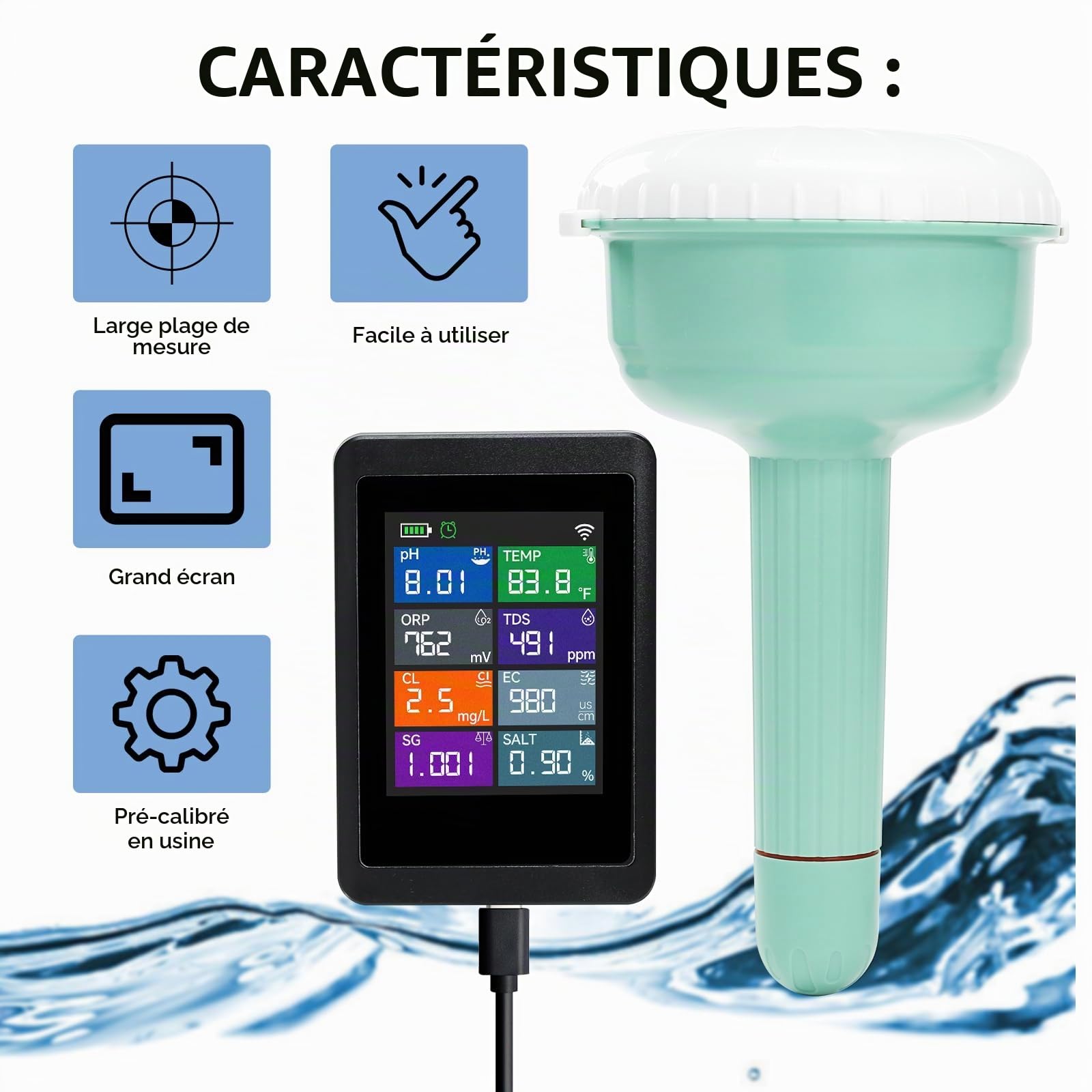 Testeur intelligent de qualité d’eau 8 en 1 WiFi, contrôle pH, ORP, chlore, salinité, TDS, CE, densité et température, suivi à distance via appli Tuya pour piscines, spas, jacuzzis, aquariums et bacs.
