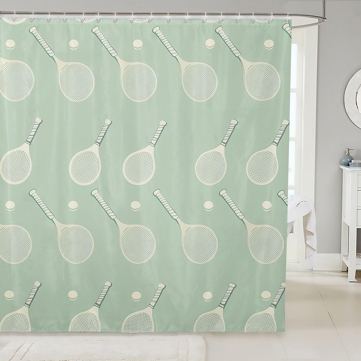 Homewish Tennis Shower Curtain Set,Tennis Racket Pattern Bathroom Curtain,Kids Girls Teens Ball Sports Themed Waterproof Fabrics Modern Light Green Bathroom Decor with 12 Hooks,72" W x 72" L