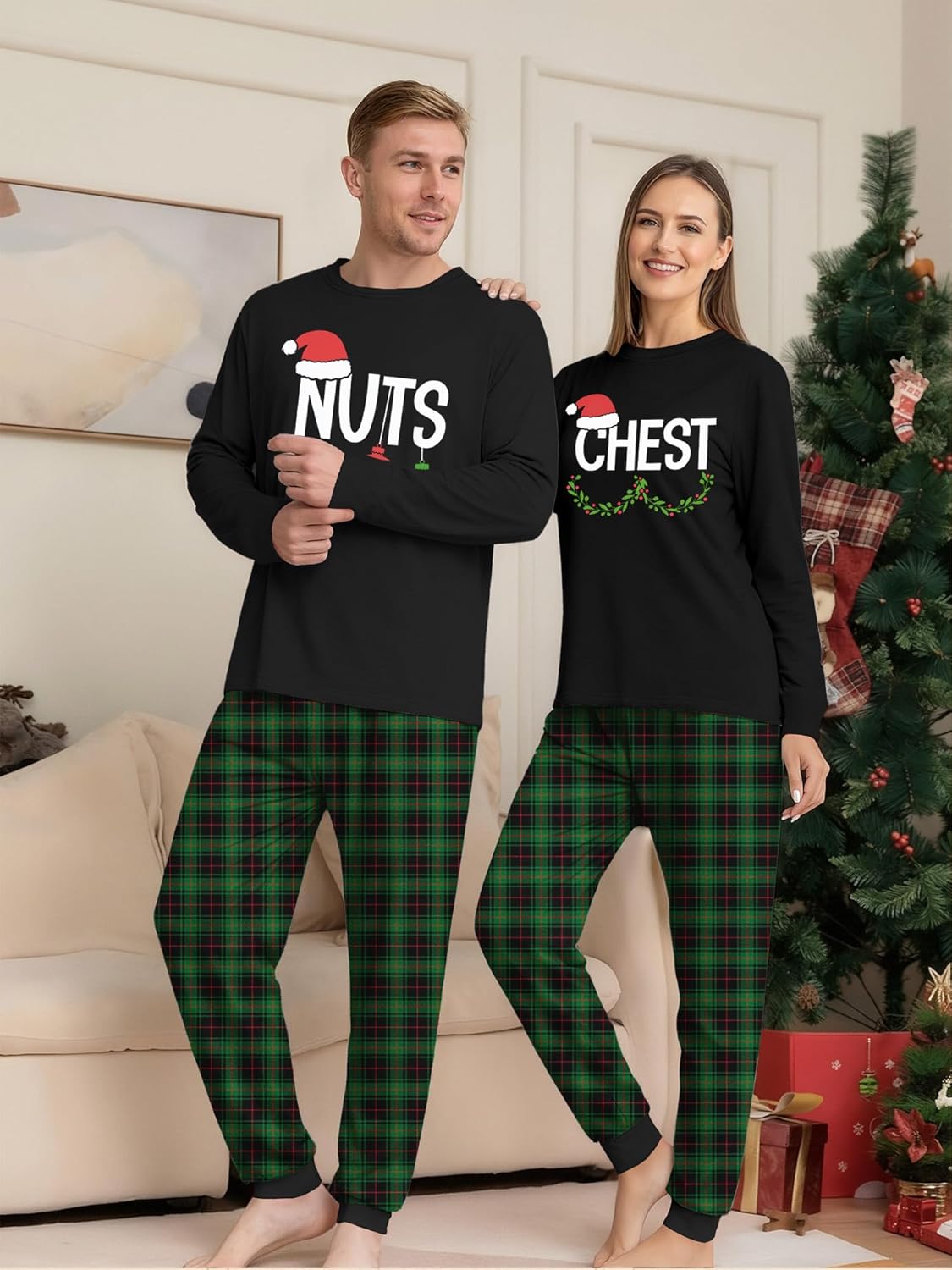 Couple Christmas Pajamas Chest Nuts Christmas T Shirt Matching Sets Women Clothing Xmas Sleepwear for Women Her Girlfriend Black XL - Image 6