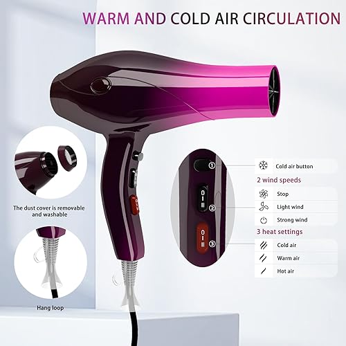 Miniatura 4 de Secador de pelo iónico, 2400 W de iones negativos de bajo ruido, secador de pelo profesional de secado rápido con 2 velocidades, 3 ajustes de calor,