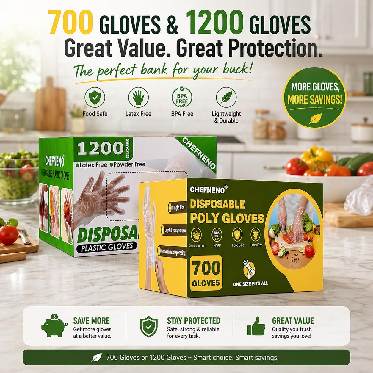 Disposable Food Prep Plastic Gloves (700 -1200 ct.) Cooking Cleaning Food Handling Latex & Powder Free One Size Fits Most