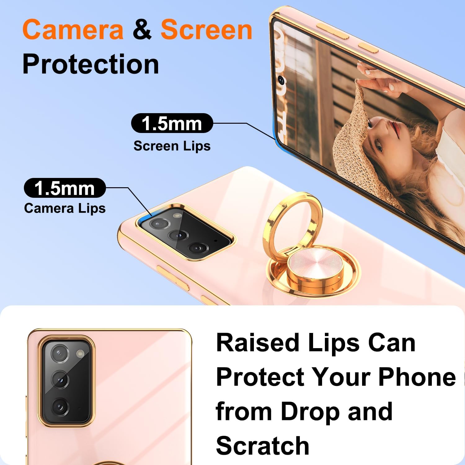 Gritup for Samsung Galaxy Note 20 Case: with 2Pcs Screen Protector, 360° Rotation Ring Holder Magnetic Kickstand, Plating Gold Edge Soft TPU Shockproof Protective Cover for Note 20 Phone Pink image 4
