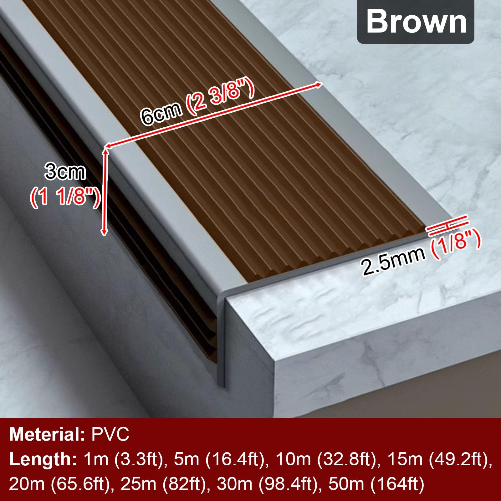 Vibeo Barre de Seuil Autocollant Nez de Marche, PVC Antidérapant Bande de Transition pour Marches D'escalier, Carrelage/stratifié/marbre Protection de Marches Extérieur(Brown,30m (98.4ft))