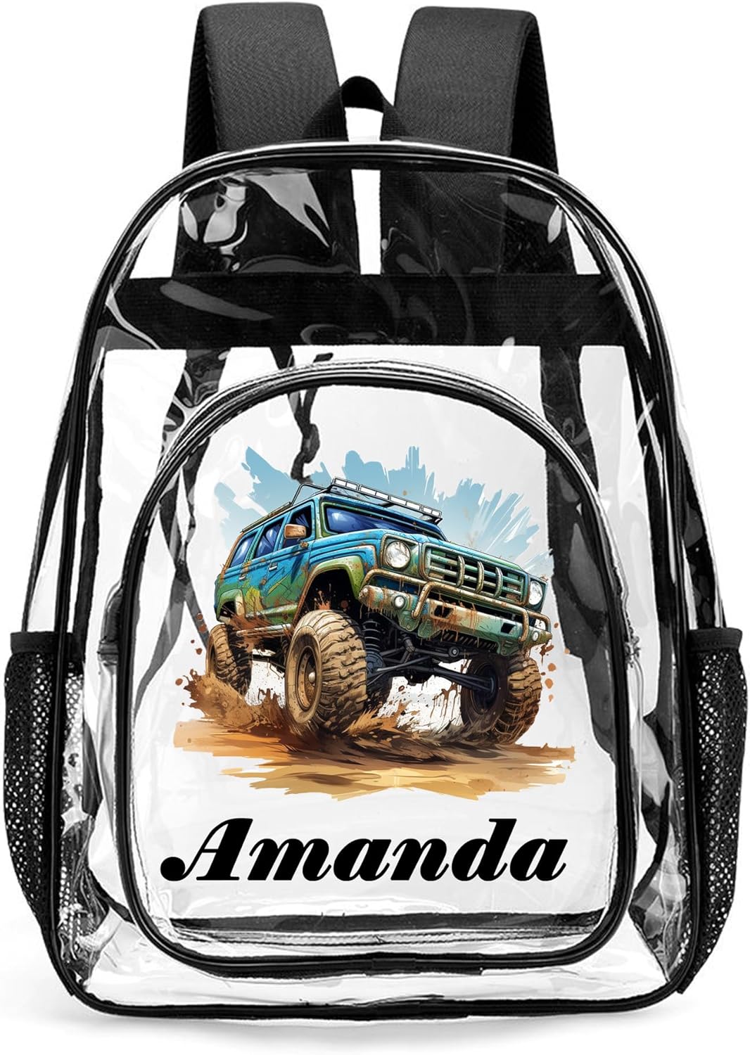 Personalized Boys Clear Backpack for School, Custom Name PVC Kids Transparent Backpack Through Backpack, Large Space Durable Heavy Duty Clear Backpack for School Work ＆ Travel (Black, Blue, Pink)